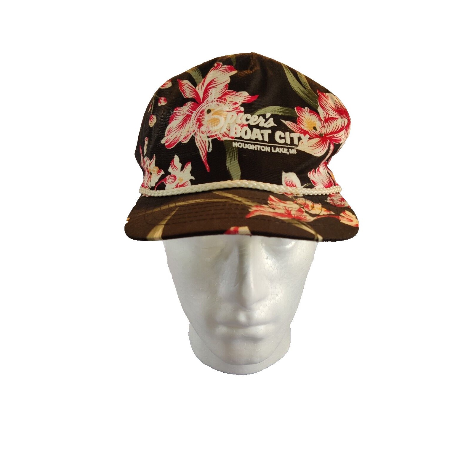 Vtg San Sun Black Floral Snapback Hat Hawaiian Rope Trucker Cap 80s 90s Rare